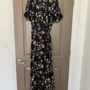 Black floral, midaxi high-low wrap dress. Size XL